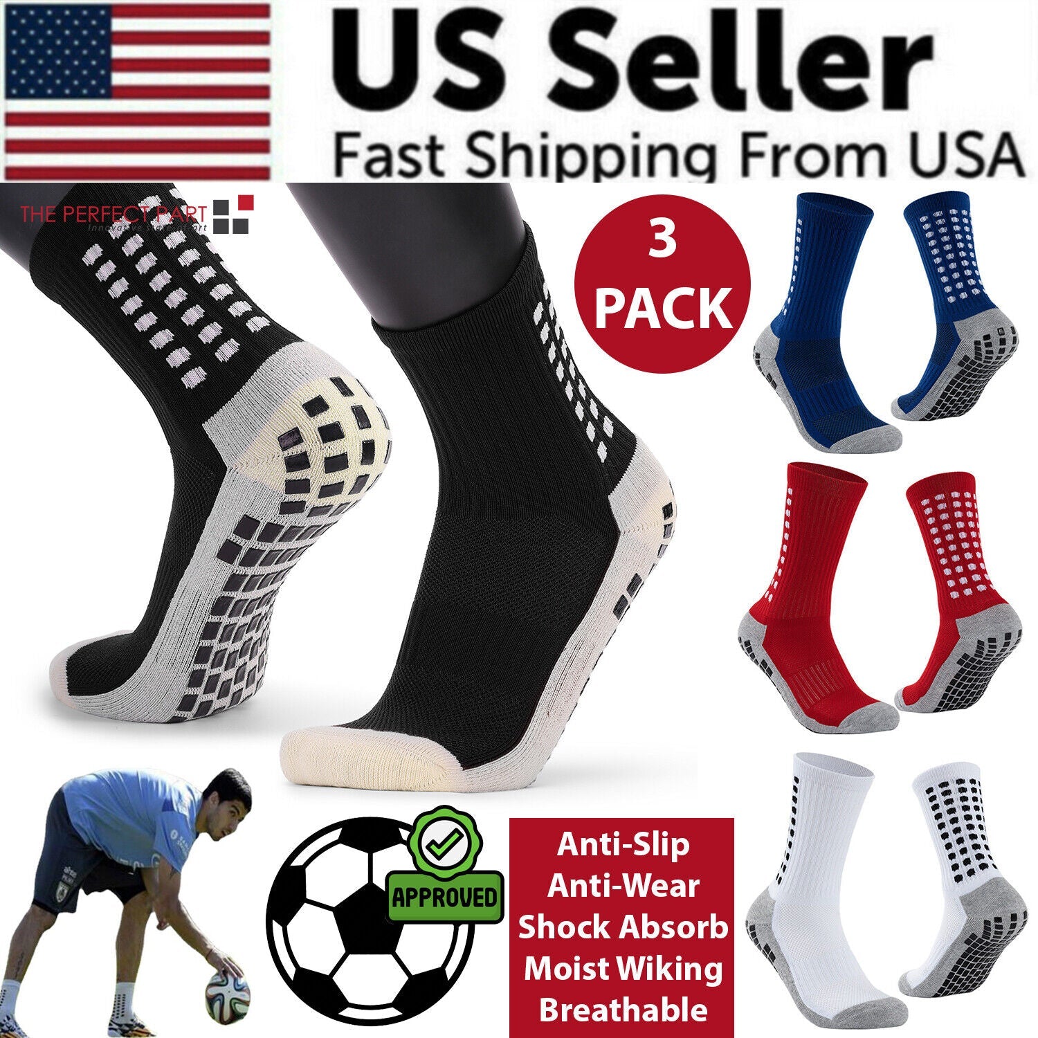 3-Pack Anti-Slip Sport Socks with Grip