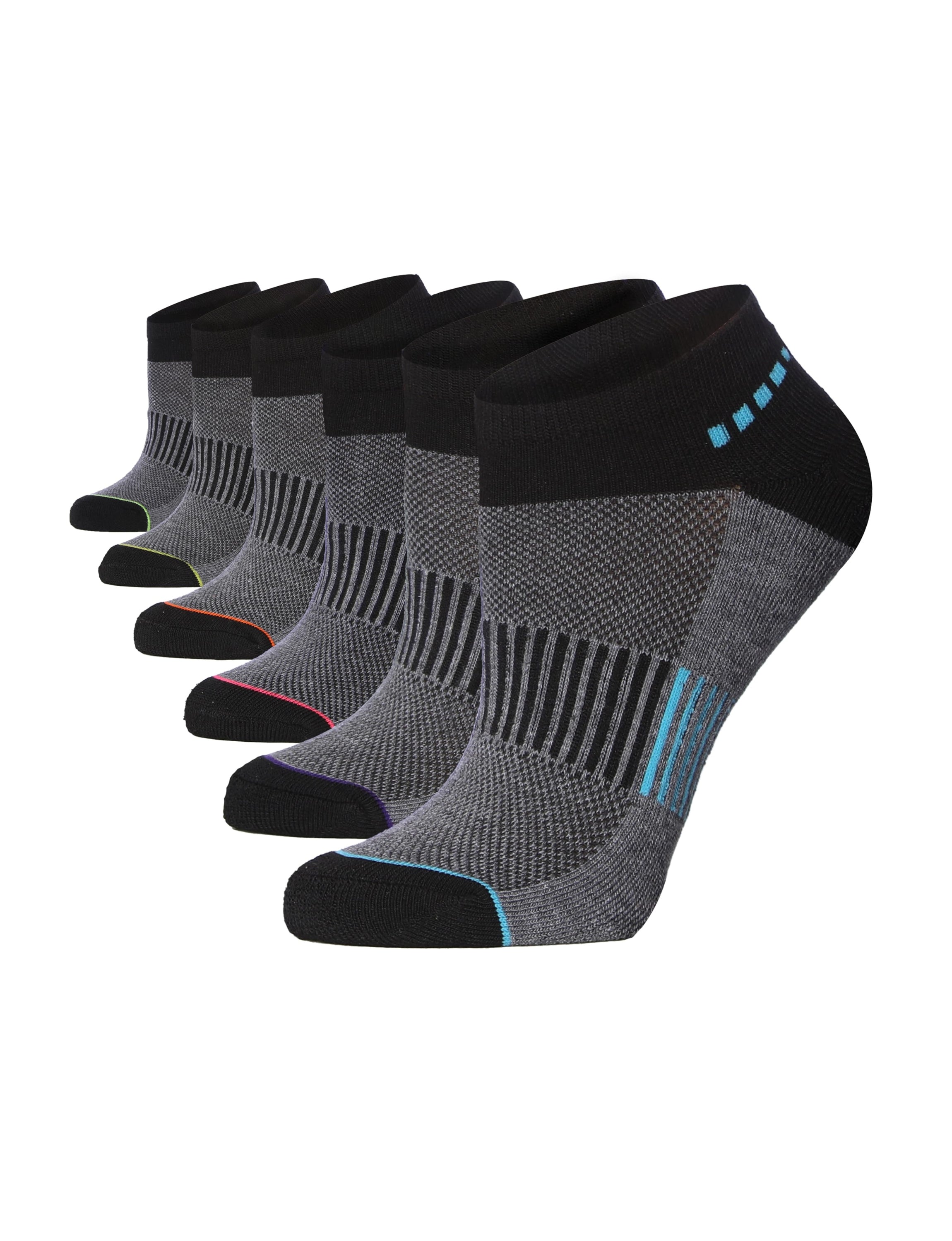 Women's Gray and Black Ankle Socks with Blue Accents - 6 Pack