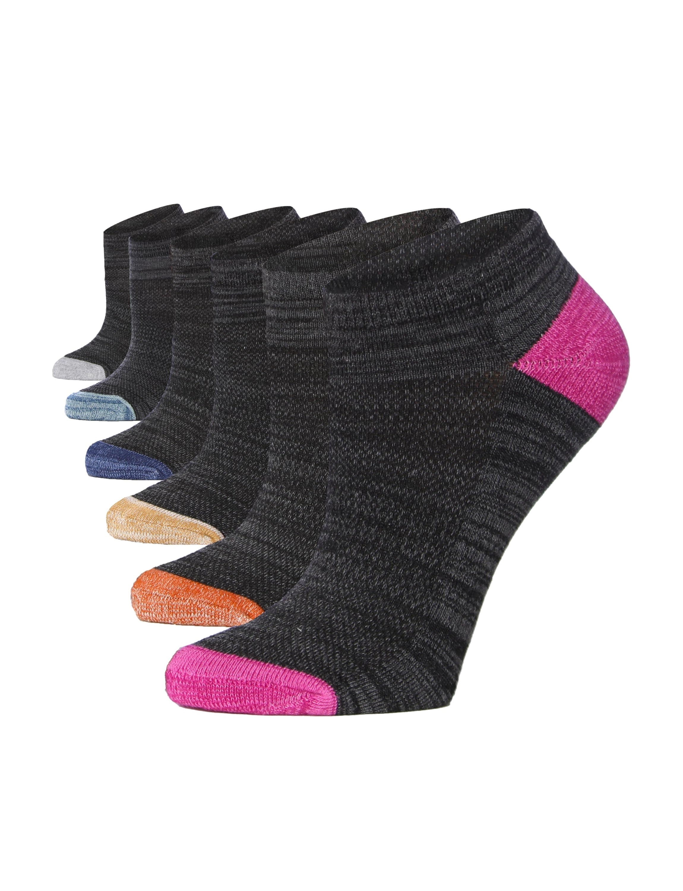 Women's Black Ankle Socks with Multi-Colored Accents - 6 Pack
